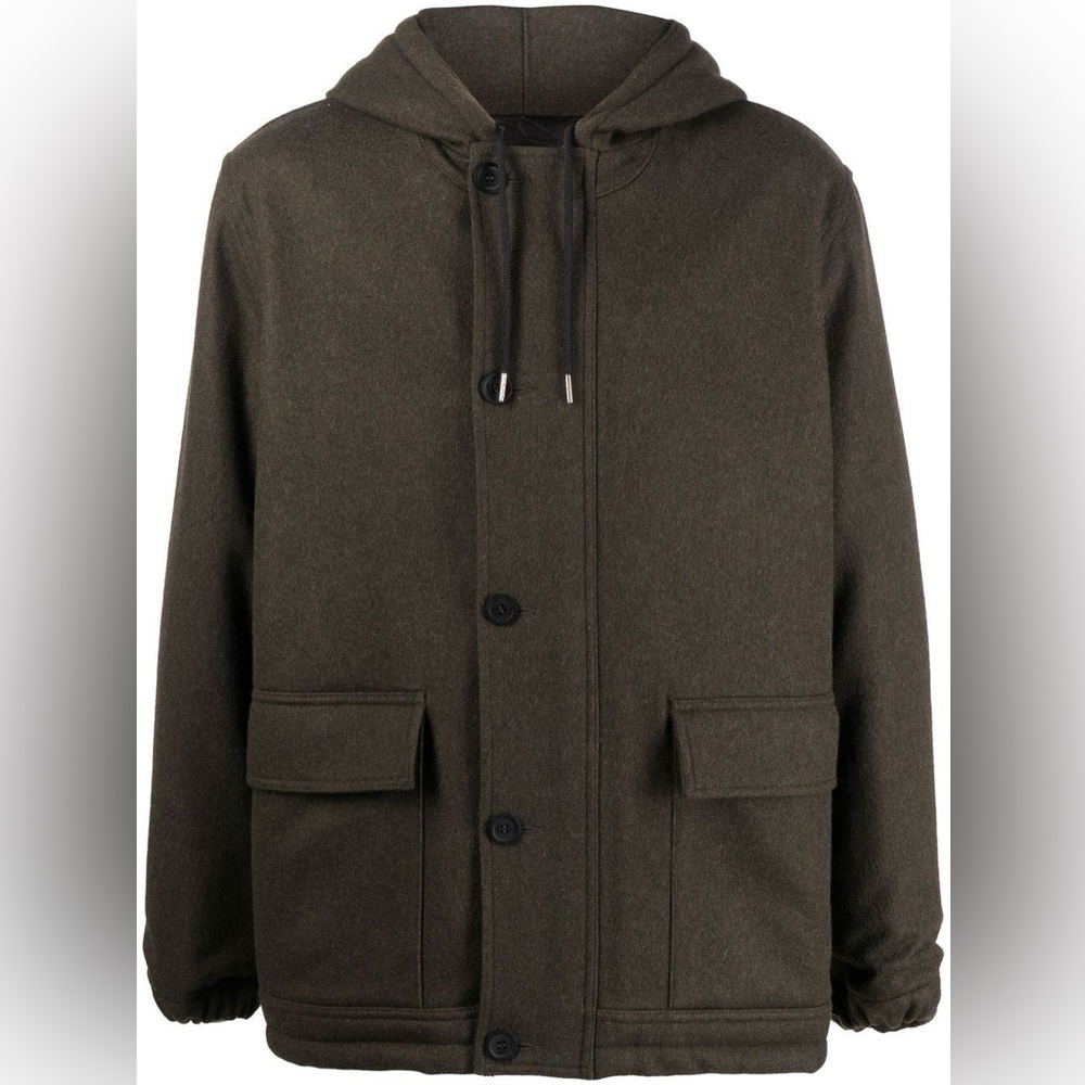 NWT $845 Sandro Button Fastened Hooded Wool Cashmere Cloth Coat Olive Green XXL